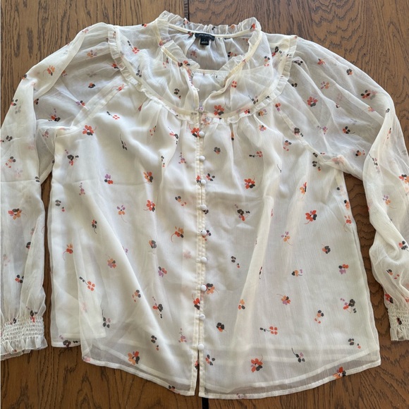 Ann Taylor Sheer Floral Blouse - White with Red and Black‎ Accents - Picture 1 of 4